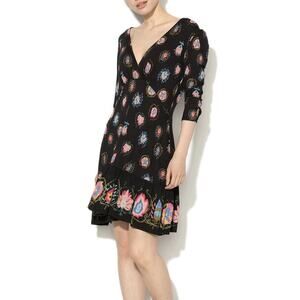 DESIGUAL Boho Floral V-neck Black Dress XL Fairy Whymsigoth